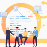 Illustration of a team of four professionals collaborating in front of a stylized agile development cycle with floating monitors and data lines, symbolizing the integration of tools like Teams Chat and Slack for streamlined team communication and workflow.